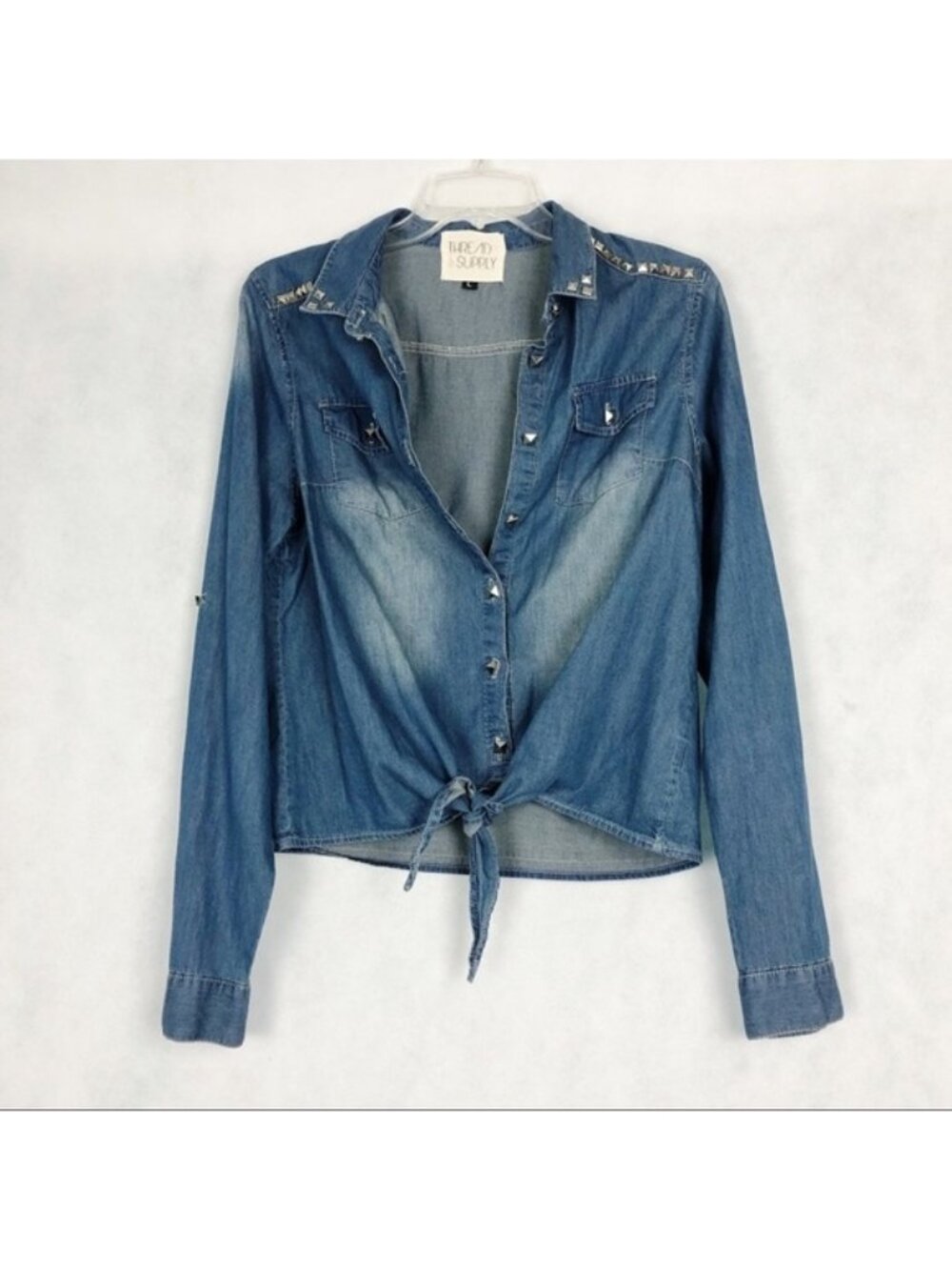 Thread & Supply Women’s Size Large Jean Button Down Top with Tie Bottom